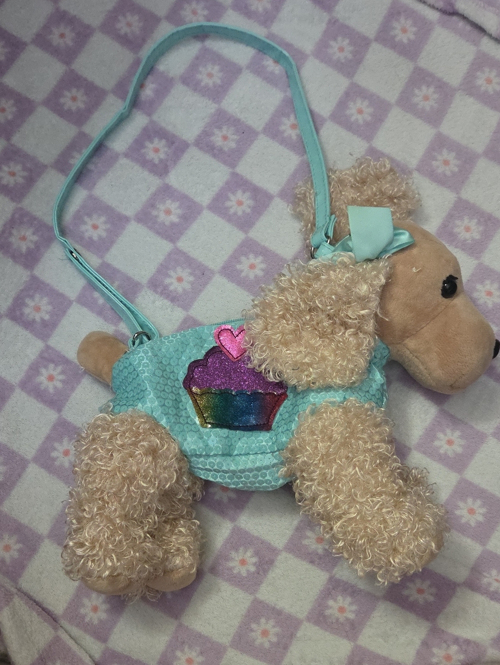 Kids Aqua Plush Poodle Crossbody Bag with Rainbow Cupcake Patch